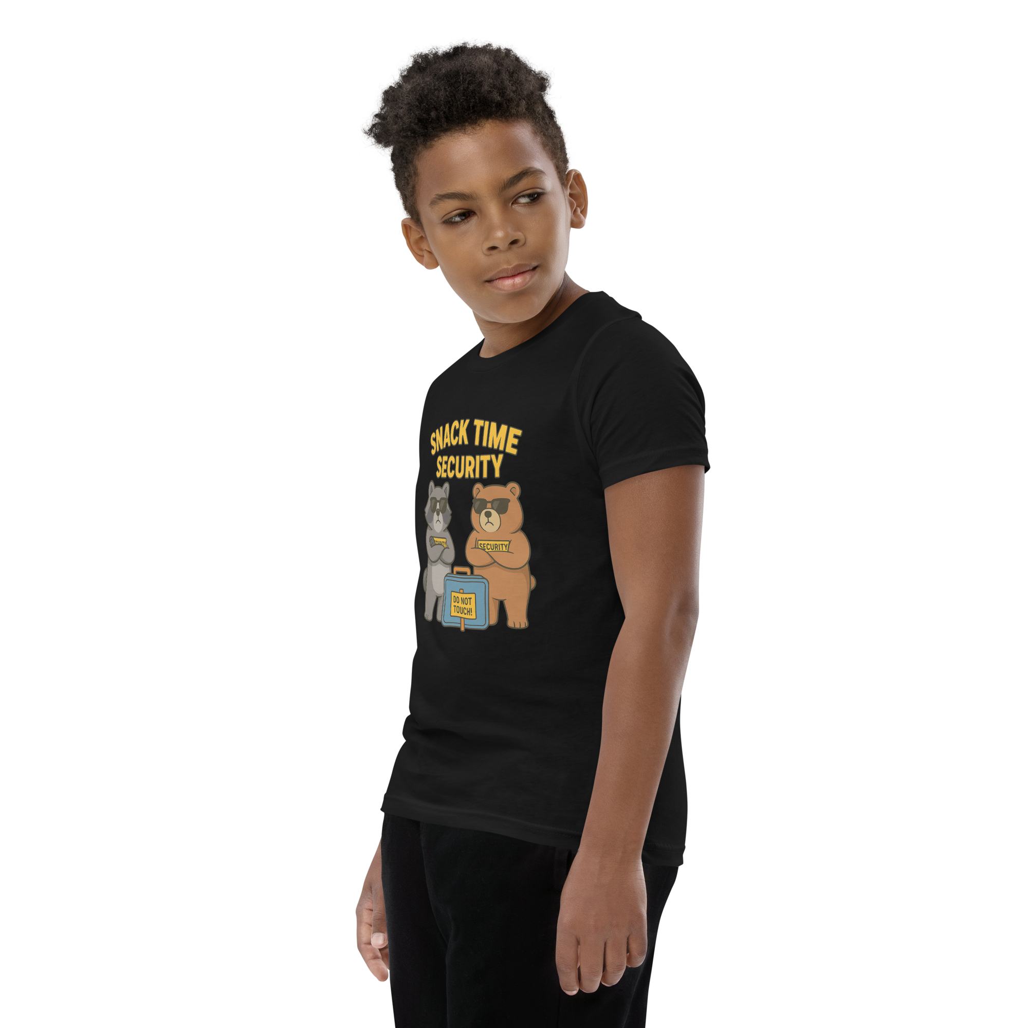 Snack Time Security – Funny Cotton Streetwear Shirt for Kids, Cartoon Bear Foodie Tee, Urban Graphic Youth T-Shirt, Playful Snack-Themed Apparel